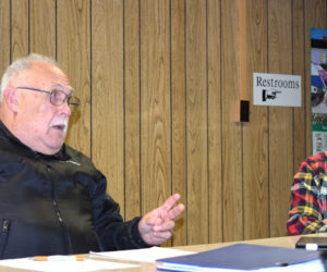 Edgecomb Planning Board members Barry Hathorne (left) and David Nutt discuss recreational marijuana during a meeting at the town hall Thursday, Oct. 19. (J.W. Oliver photo)