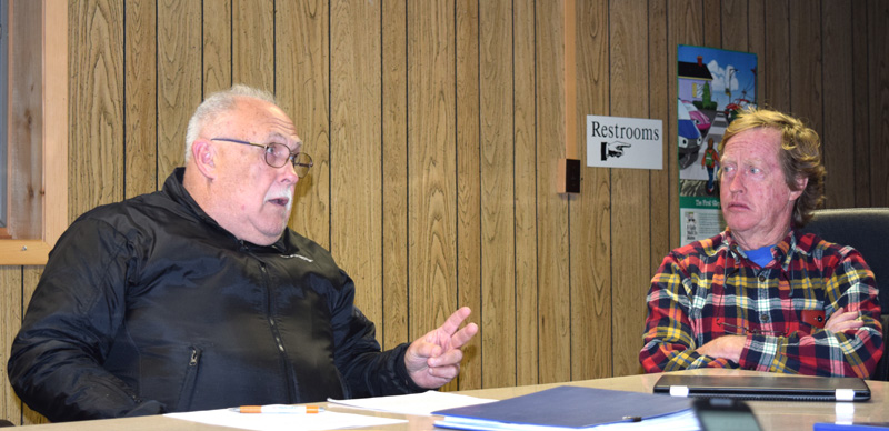 Edgecomb Planning Board members Barry Hathorne (left) and David Nutt discuss recreational marijuana during a meeting at the town hall Thursday, Oct. 19. (J.W. Oliver photo)