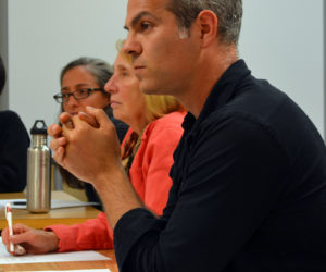 Great Salt Bay School Committee member Joshua Jacobs, of Newcastle, discusses the shortage of bus drivers at Great Salt Bay Community School during a meeting Wednesday, Oct. 11. (Maia Zewert photo)