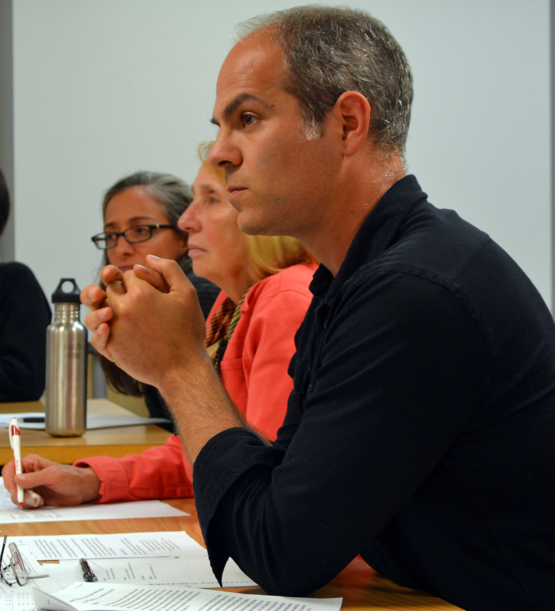 Great Salt Bay School Committee member Joshua Jacobs, of Newcastle, discusses the shortage of bus drivers at Great Salt Bay Community School during a meeting Wednesday, Oct. 11. (Maia Zewert photo)