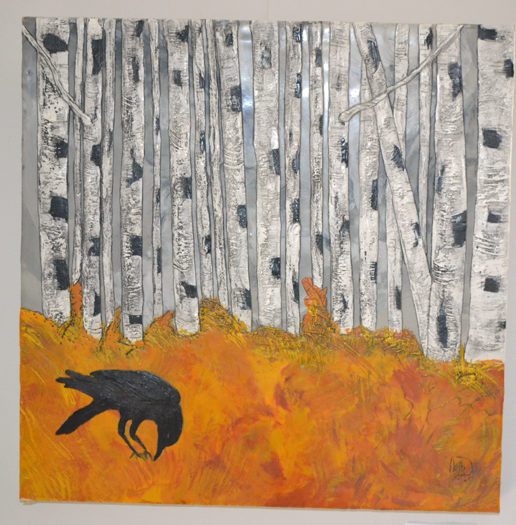 "Crow, Autumn Birch Forest," an 18-by-18-inch encaustic piece by "kdb" Dominguez. (Christine LaPado-Breglia photo)