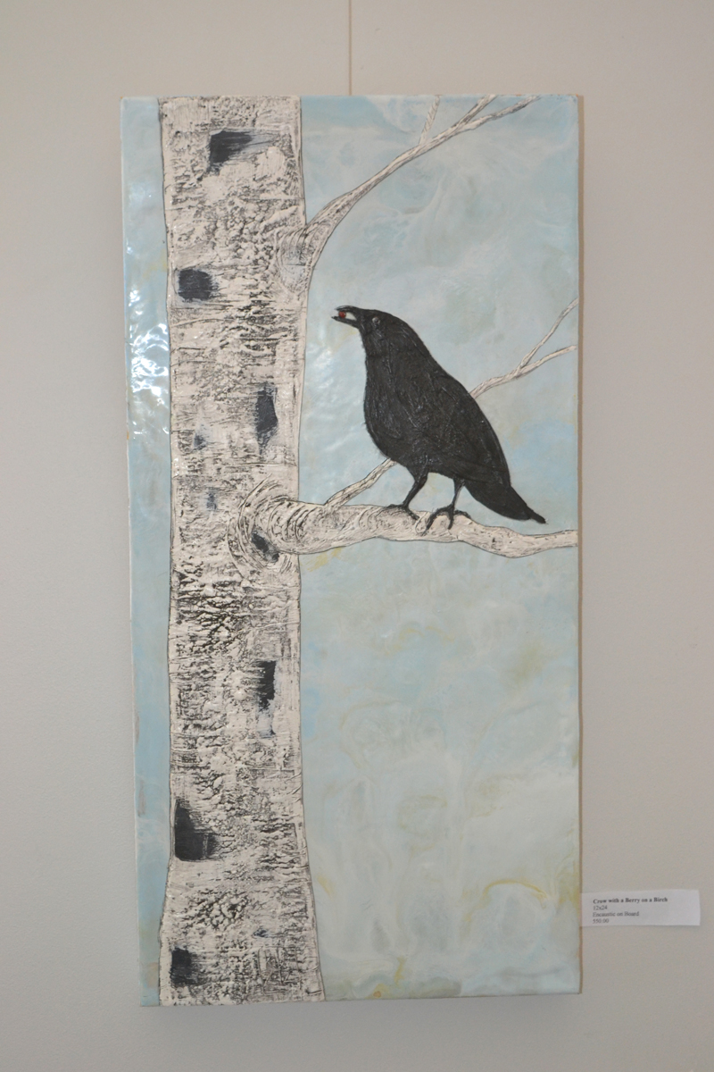 "Crow with a Berry on a Birch," an encaustic painting by "kdb" Dominguez. (Christine LaPado-Breglia photo)