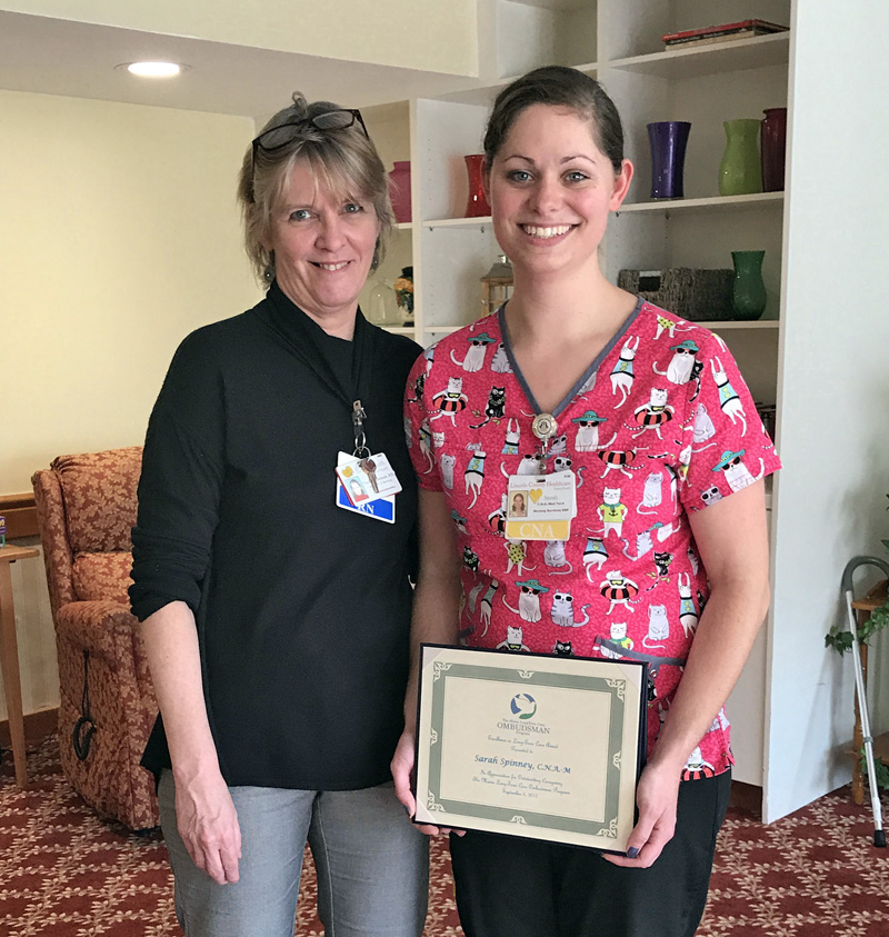 2017 Excellence in Long-Term Care Award recipient Sarah Spinney (right) stands with Coves Edge Director of Nursing Thelma Hannan.