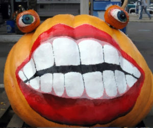 A decorated Atlantic Giant pumpkin.