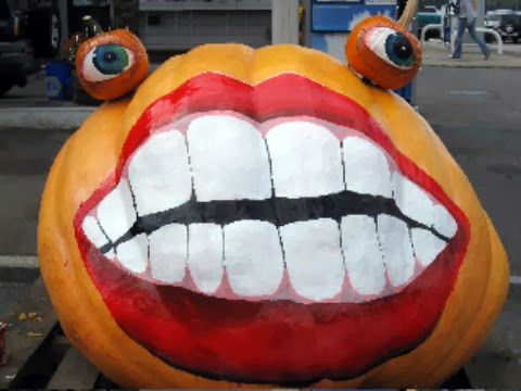A decorated Atlantic Giant pumpkin.