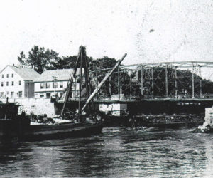 The area near the Damariscotta-Newcastle bridge as Thomas Gay remembered it. The new steel bridge had been built. The two buildings across from Gay's store, bought by John Sproul, show clearly to the left of the bridge. These are are two of the few old buildings still surviving in the area.