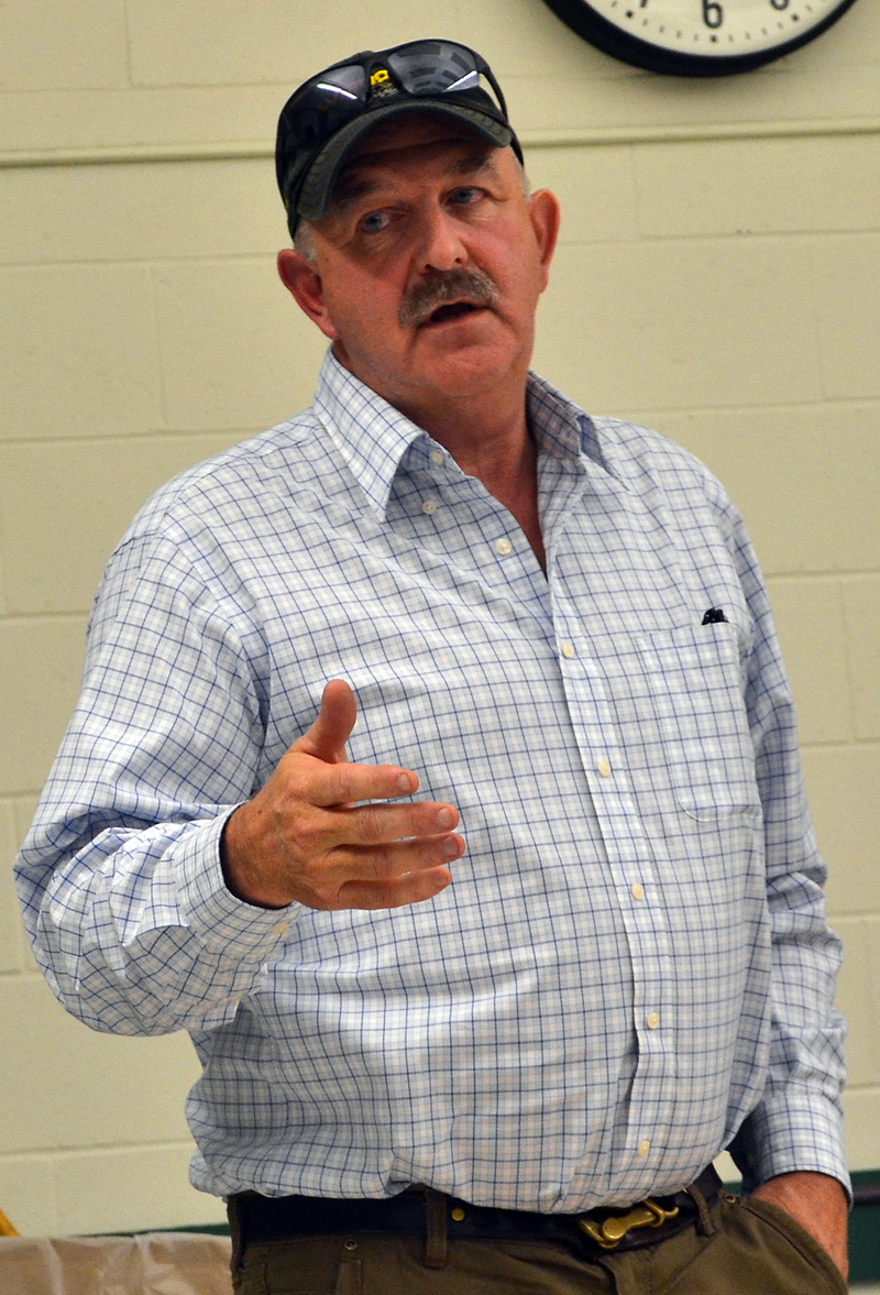 Damariscotta Selectman Mark Hagar speaks during a community conversation about the regulation of recreational marijuana businesses at Great Salt Bay Community School on Tuesday, Nov. 16. (Maia Zewert photo)