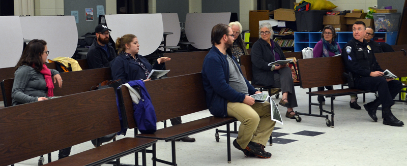 A handful of Damariscotta residents and other community members participate in a community conversation about the regulation of recreational marijuana businesses at Great Salt Bay Community School on Tuesday, Nov. 16. (Maia Zewert photo)