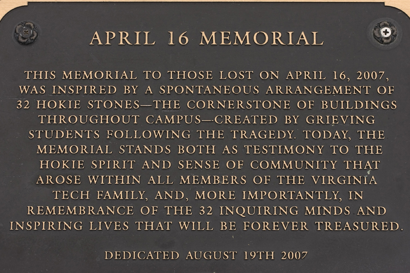 A plaque at Virginia Tech honors the 32 students and faculty members who were shot and killed by a student armed with two semiautomatic pistols. "Guns in USA" documentary producer Tom Mathews traveled to Blacksburg, Va., where Virginia Tech is located, to record voices speaking about gun violence in the United States on Oct. 1, the same day that Stephen Paddock opened fire on a country music concert in Las Vegas, killing 58 people. (Photo courtesy Tom Mathews)