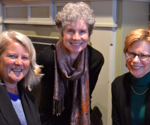 From left: Kimberly Skillin Traina, Cate Cronin, and Sandi Hammond attend the Wednesday, Oct. 25 opening reception for the Anne Cronin-Susan Parrish Carter art show at Damariscotta River Grill. (Christine LaPado-Breglia photo)