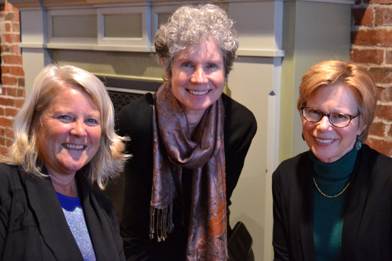 From left: Kimberly Skillin Traina, Cate Cronin, and Sandi Hammond attend the Wednesday, Oct. 25 opening reception for the Anne Cronin-Susan Parrish Carter art show at Damariscotta River Grill. (Christine LaPado-Breglia photo)