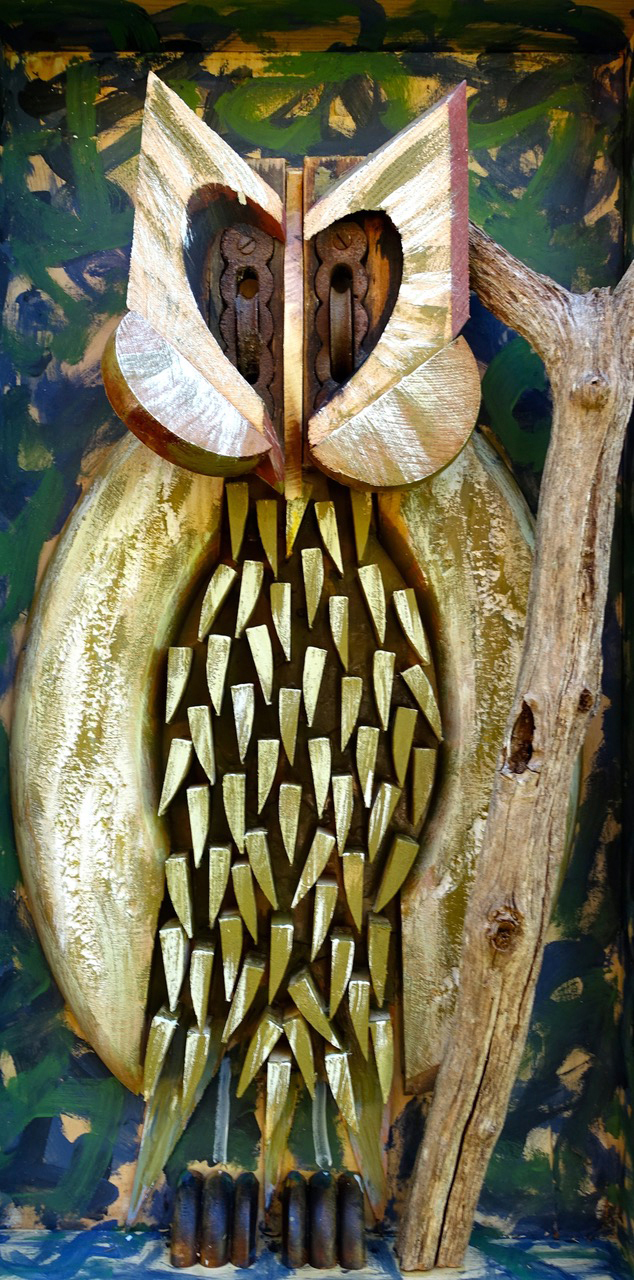 A wooden owl sculpture made from found objects by Boothbay Harbor artist Andre Benoit. (Photo courtesy Legacy Properties Sotheby's International Realty)