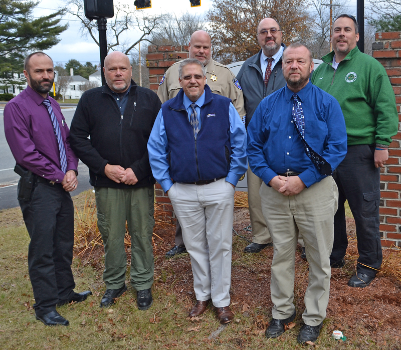 The Lincoln County Sheriff's Office is participating in No-Shave November to raise awareness of prostate cancer and funds for prevention and research. Front from left: Detective Sgt. Ronald Rollins, Sgt. Alan Shea, Sheriff Todd Brackett, and Detective Terry Michaud. Back: Lt. Brendan Kane, Lt. Michael Murphy, and Chief Deputy Rand Maker. (Maia Zewert photo)