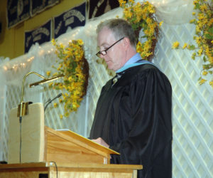 Medomak Valley High School Principal Andrew Cavanaugh speaks at graduation in 2017. (Alexander Violo photo, LCN file)