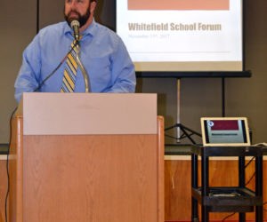 Whitefield Elementary School Principal Joshua McNaughton welcomes attendees to a community forum at the school Wednesday, Nov. 15. (Christine LaPado-Breglia photo)