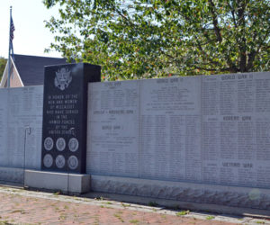The Wiscasset veterans monument lists the names of veterans from the Revolutionary War to the present. (Charlotte Boynton photo)