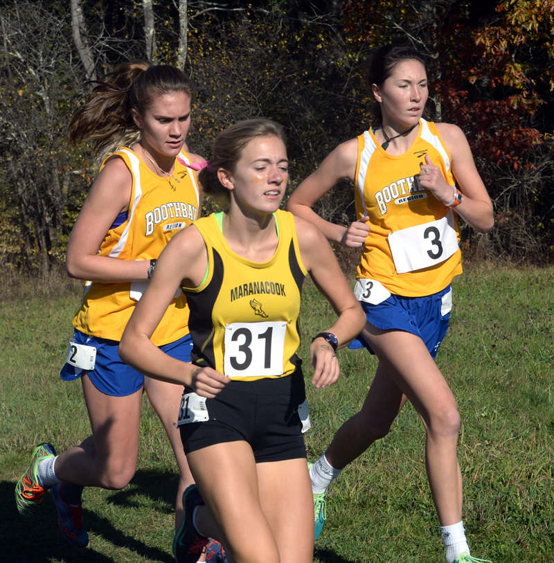 Boothbay Region girls cross-country runners Faith Blethen and Glory Blethen run in the state Class C championships. (Paula Roberts photo)