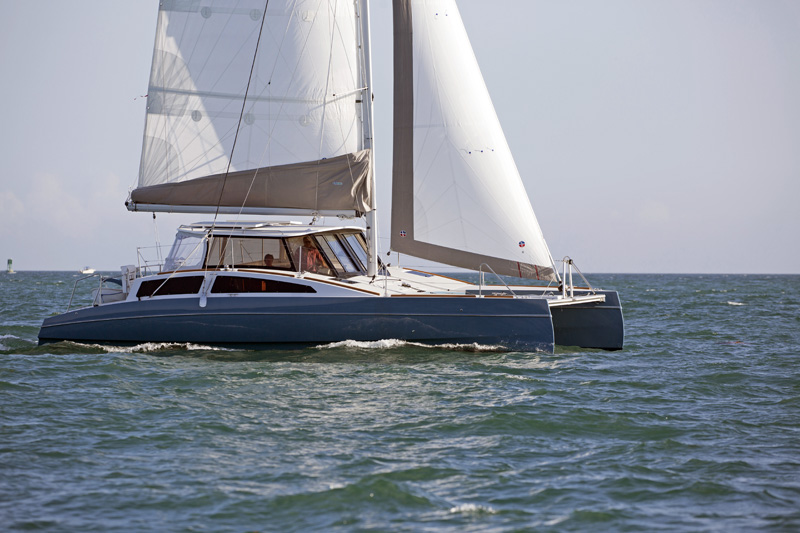 A Maine Cat 38 sails off the Miami coast.