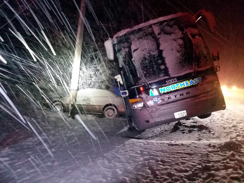 Snow and ice on the roads contributed to several accidents across Lincoln County over the weekend, including an incident involving a charter bus and a Buick LeSabre on Route 27 in Edgecomb on Saturday, Dec. 9. (Photo courtesy Lincoln County Sheriff's Office)