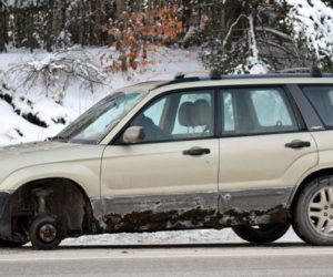 A 2003 Subaru Forester lost its front driver's side wheel while southbound on Route 1 in Nobleboro the afternoon of Wednesday, Dec. 27. The wheel struck and damaged two other vehicles. (J.W. Oliver photo)