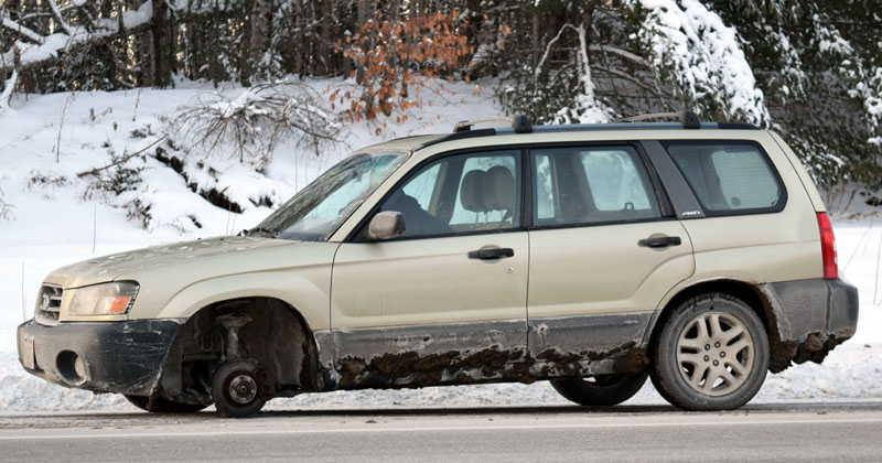 A 2003 Subaru Forester lost its front driver's side wheel while southbound on Route 1 in Nobleboro the afternoon of Wednesday, Dec. 27. The wheel struck and damaged two other vehicles. (J.W. Oliver photo)