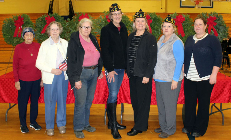 Servicewomen from World War II to the present were honored during the Wreaths Across America ceremony at Medomak Valley High School in Waldoboro on Sunday, Dec. 10. From left: Frances Lash, Hilma Foster, Carol Nash, Dawn Wright, Donna Wallace, Angela Nelder, and Jessica Dodge. (Photo courtesy Lisa Gunn)