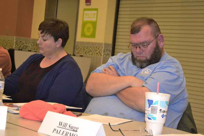 RSU 12 Board of Directors members Terri Blair, of Whitefield, and Douglas Crochere, of Chelsea, listen to public comment during a meeting at Chelsea Elementary School on Thursday, Dec. 14. (Christine LaPado-Breglia photo)