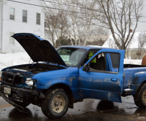 The driver of a Ford Ranger was arrested and charged with operating under the influence and driving to endanger after a collision on School Street in Damariscotta on Wednesday, Jan. 8. (Matthew Mitterhoff photo)