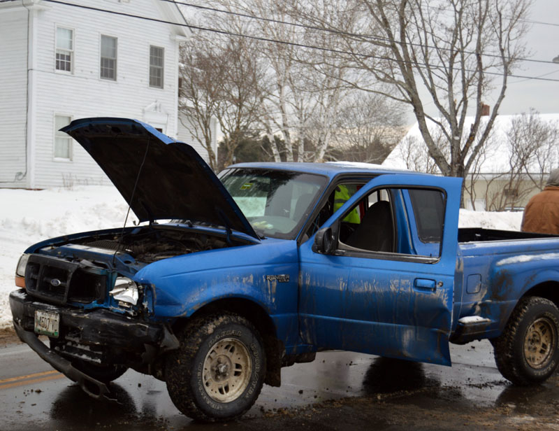 The driver of a Ford Ranger was arrested and charged with operating under the influence and driving to endanger after he hit another car on School Street in Damariscotta on Wednesday, Jan. 8. (Matthew Mitterhoff photo)