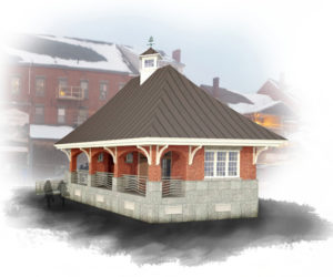 A 3-D rendering of the public restrooms in downtown Damariscotta prepared by Phelps Architects Inc. The rendering shows a brick facade, one of multiple options the town can choose from.