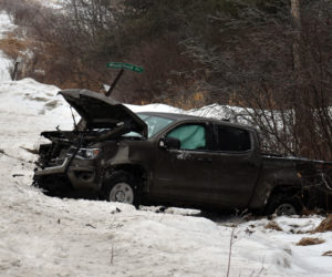 A Chevrolet pickup went off Route 32 in Jefferson after the driver lost control of the vehicle due to icy road conditions, according to Lincoln County Sheriff's Deputy Kevin Dennison. (Alexander Violo photo)