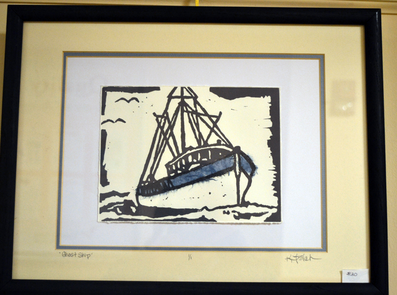 "Ghost Ship," a block print by Union artist Kathy Felch, is part of Felch's art show on the walls of the Hall Gallery at LincolnHealth's Miles Campus through Friday, Feb. 9. (Christine LaPado-Breglia photo)