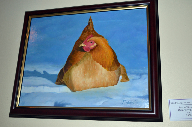 Liliana Thelander's lovely oil painting "Hen on the Snow" graces a wall in the bar upstairs at Damariscotta River Grill. (Christine LaPado-Breglia photo)