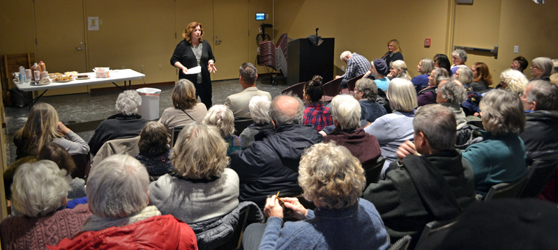 Former Maine Labor Commissioner Laura Fortman kicks off her campaign for the Maine Senate at Skidompha Public Library's Porter Hall in Damariscotta on Tuesday, Jan. 2. (Maia Zewert photo)