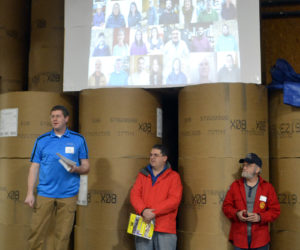 Lincoln County News Associate Publisher John Roberts (left) speaks during the Lincoln County Publishing Co. open house Wednesday, Jan. 17. (Amber Clark photo)