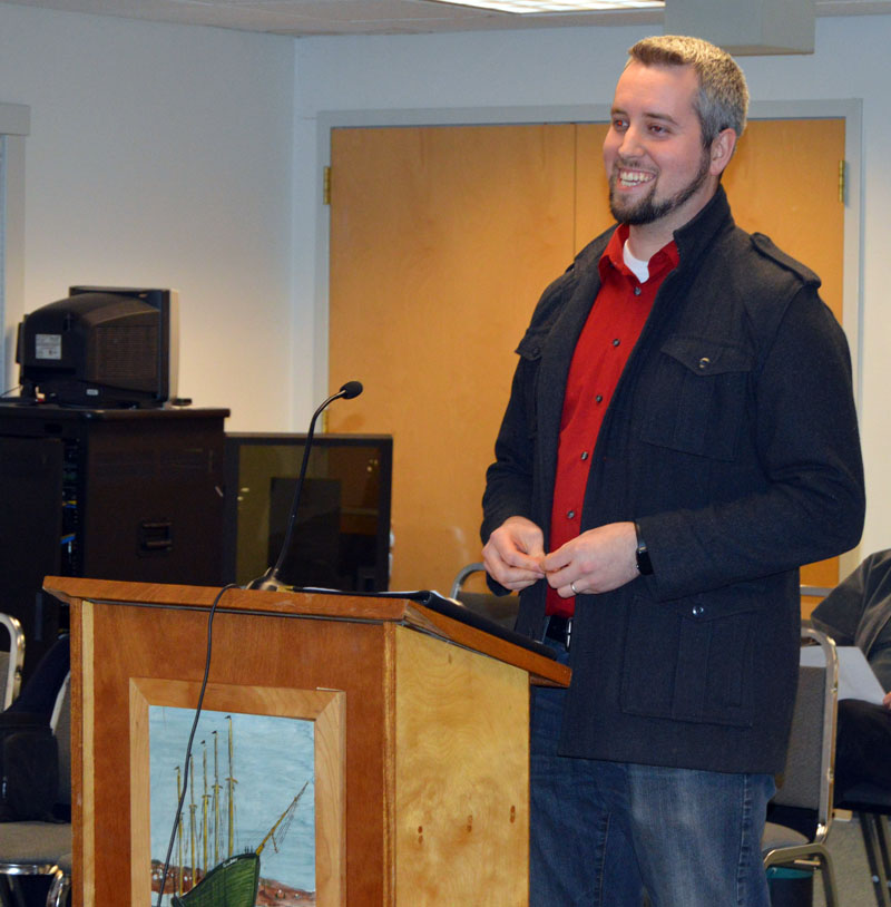 Andrew Williams, on behalf of Allan Beck, makes a presentation to the Waldoboro Planning Board regarding a change of use from restaurant to office space at 816 Atlantic Highway. (Alexander Violo photo)