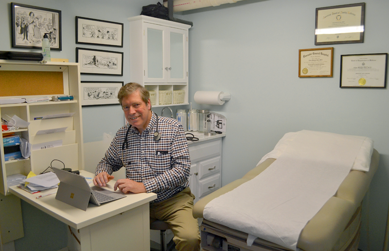 Dr. Allan "Chip" Teel in the examination room of his new medical practice at Hodgdon Green in Damariscotta. Teel recently returned to his work as a primary-care physician. (Maia Zewert photo)