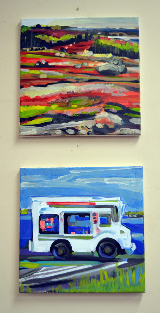 Susan Bartlett Rice's painting "Blueberry Barren 1" hangs above her charming painting of a mail-truck-turned-food-truck. (Christine LaPado-Breglia photo)