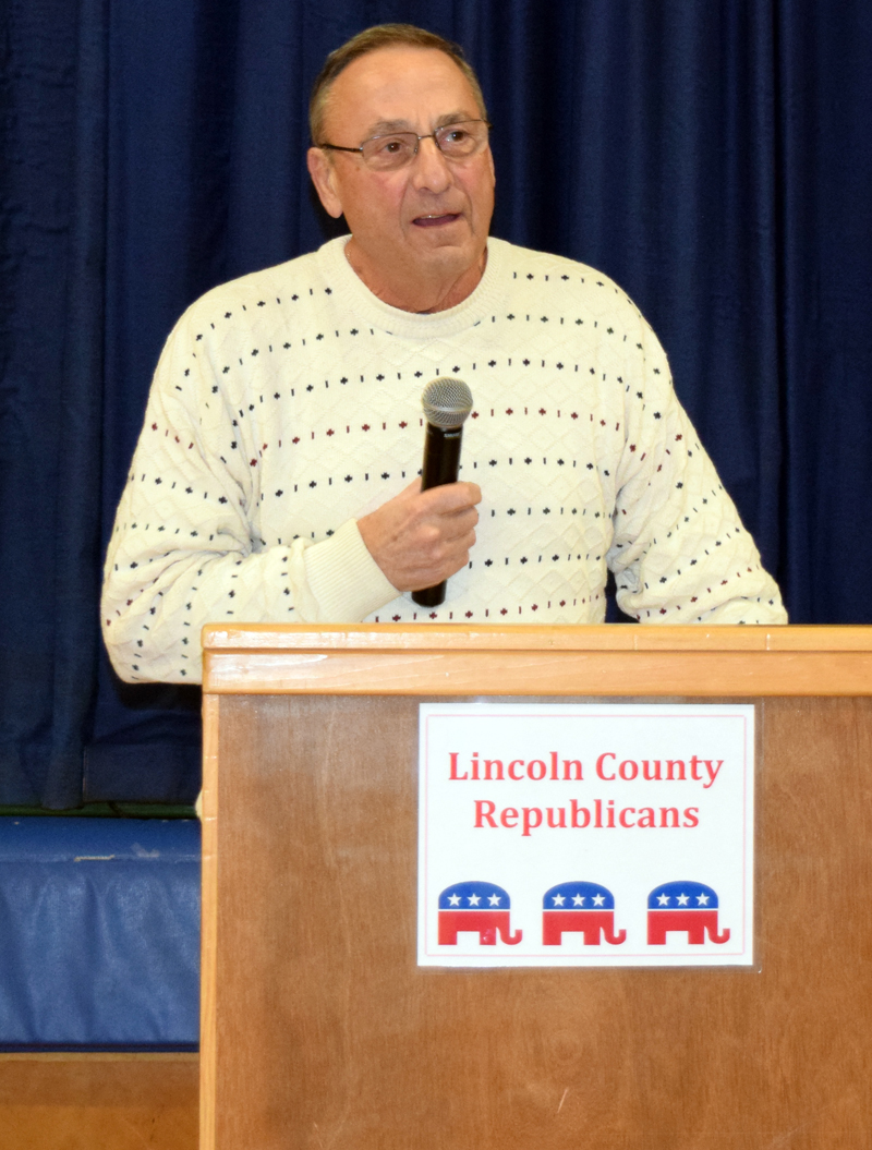 Gov. Paul LePage speaks at the Lincoln County Republican Caucus at Great Salt Bay Community School in Damariscotta on Saturday, Feb. 17. (J.W. Oliver photo)