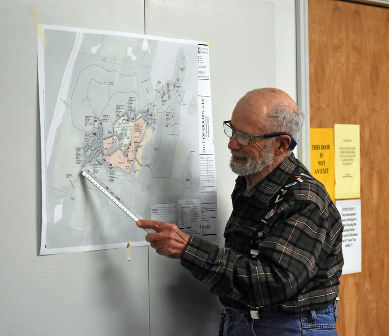 Nobleboro Planning Board Chair William Hill discusses the town's land use ordinance and its requirements for road dimensions during a board meeting Thursday, Feb. 15. (Alexander Violo photo)