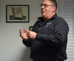 Kyle Santheson discusses the concept behind a recreation committee during a meeting of the Waldoboro Board of Selectmen on Tuesday, Feb. 27. (Alexander Violo photo)