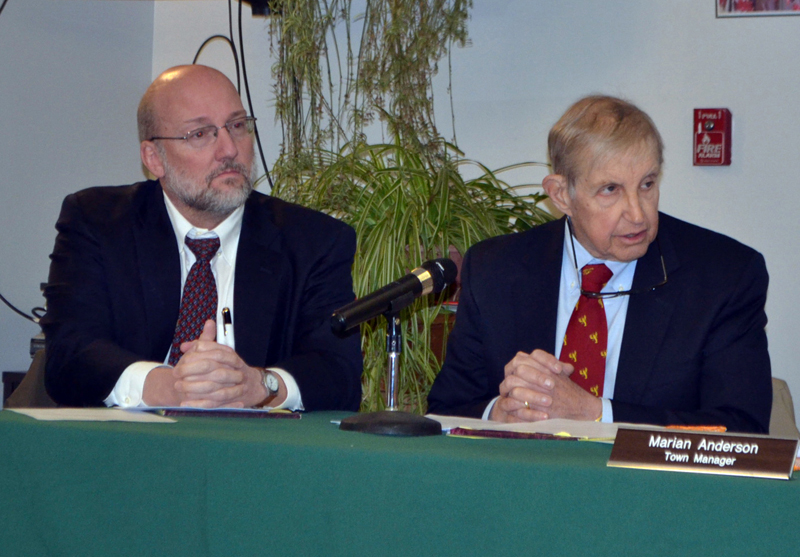 Attorneys John Shumadine (left) and Peter Murray field questions from the public during a special meeting of the Wiscasset Board of Selectmen at the Wiscasset Community Center on Tuesday, Feb. 13. (Charlotte Boynton photo)