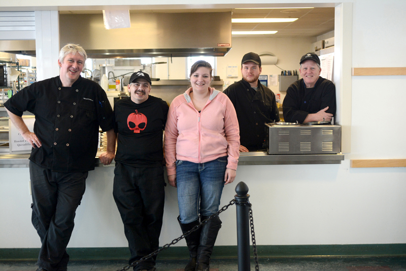 From left: Lincoln Academy chef Mikael Andersson, Danny Peters, Mobius support person Jordan Romero, and dining services staff people Russell Brackett and Steve Peters.