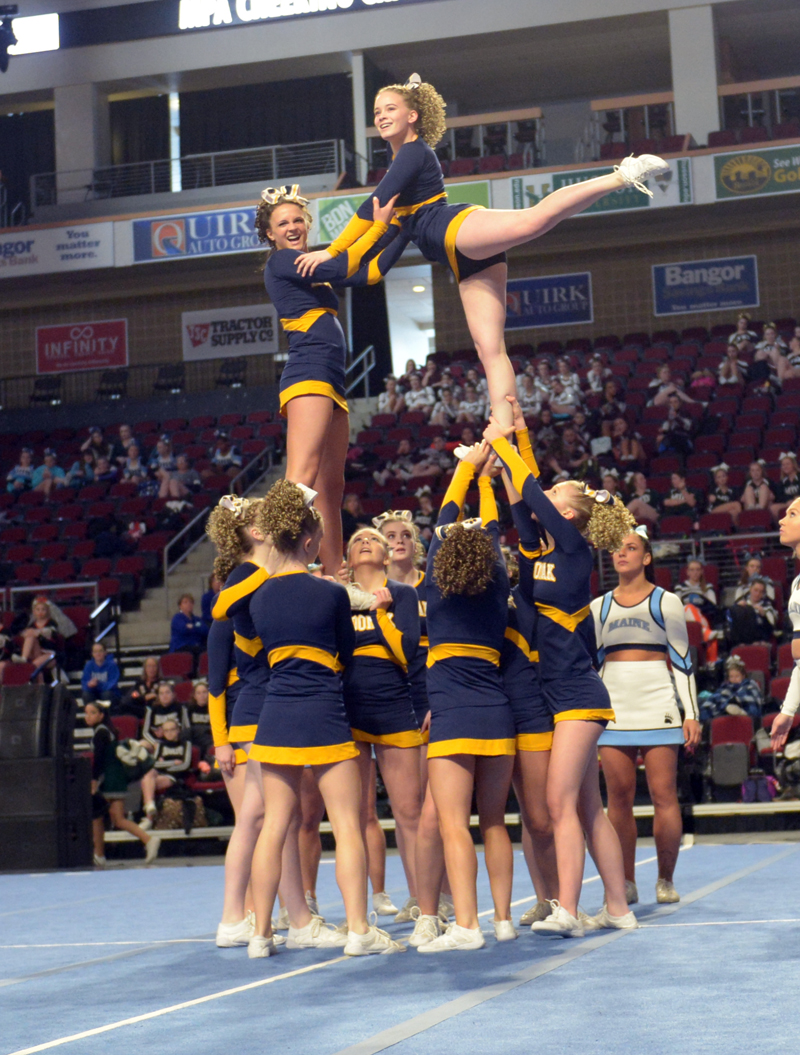 Medomak Valley cheerleaders placed third in the state Class B cheering championships in Bangor on Saturday, Feb. 10. (Paula Roberts photo)