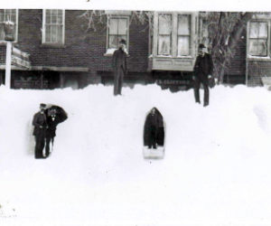 Damariscotta's Main Street, 1898, with snowbanks and tunnels. (Photo courtesy Newcastle Historical Society)