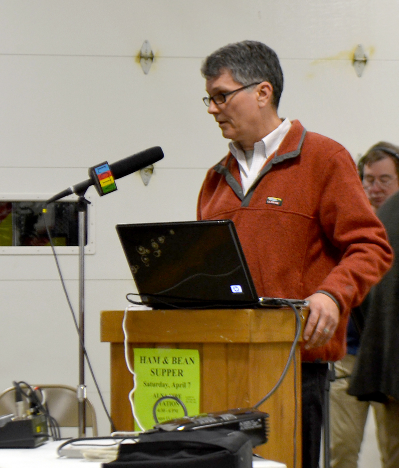 Alna resident Ed Pentaleri discusses the data he used in his presentation about the town's school enrollment during a public hearing Monday, March 5. (Maia Zewert photo)