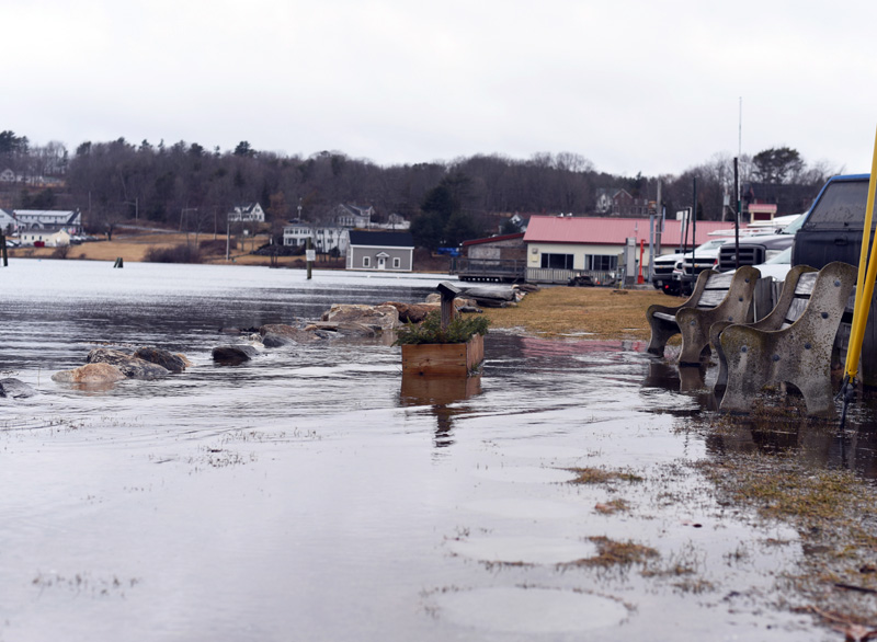 The Damariscotta River rises over Riverside Park in downtown Damariscotta at high tide Friday, March 2. (Jessica Picard photo)