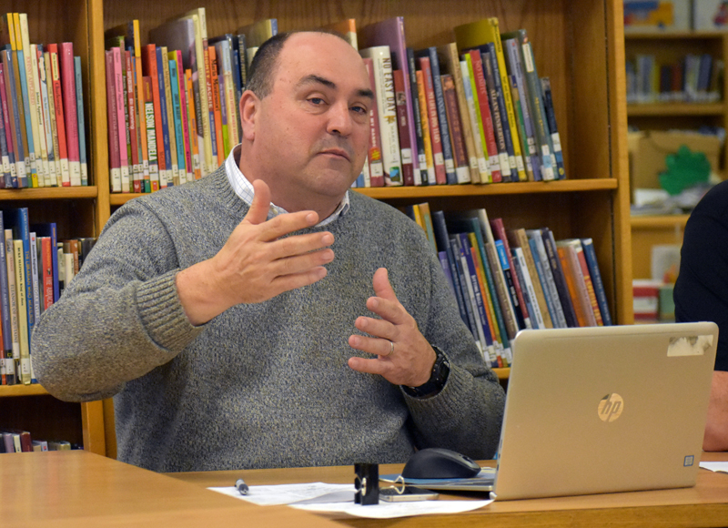 AOS 93 interim Superintendent Jim Hodgkin proposes ways the school district could share the results of its survey about Lincoln Academy with the LA Board of Trustees and the public. (Alexander Violo photo)