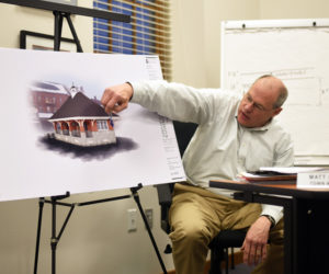 Damariscotta Town Manager Matt Lutkus goes over the plan for the downtown restrooms at the Damariscotta Board of Selectmen's meeting Wednesday, March 7. (Jessica Picard photo)