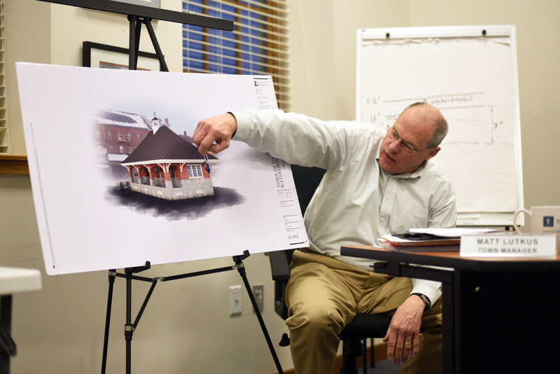 Damariscotta Town Manager Matt Lutkus goes over the plan for the downtown restrooms at the Damariscotta Board of Selectmen's meeting Wednesday, March 7. (Jessica Picard photo)